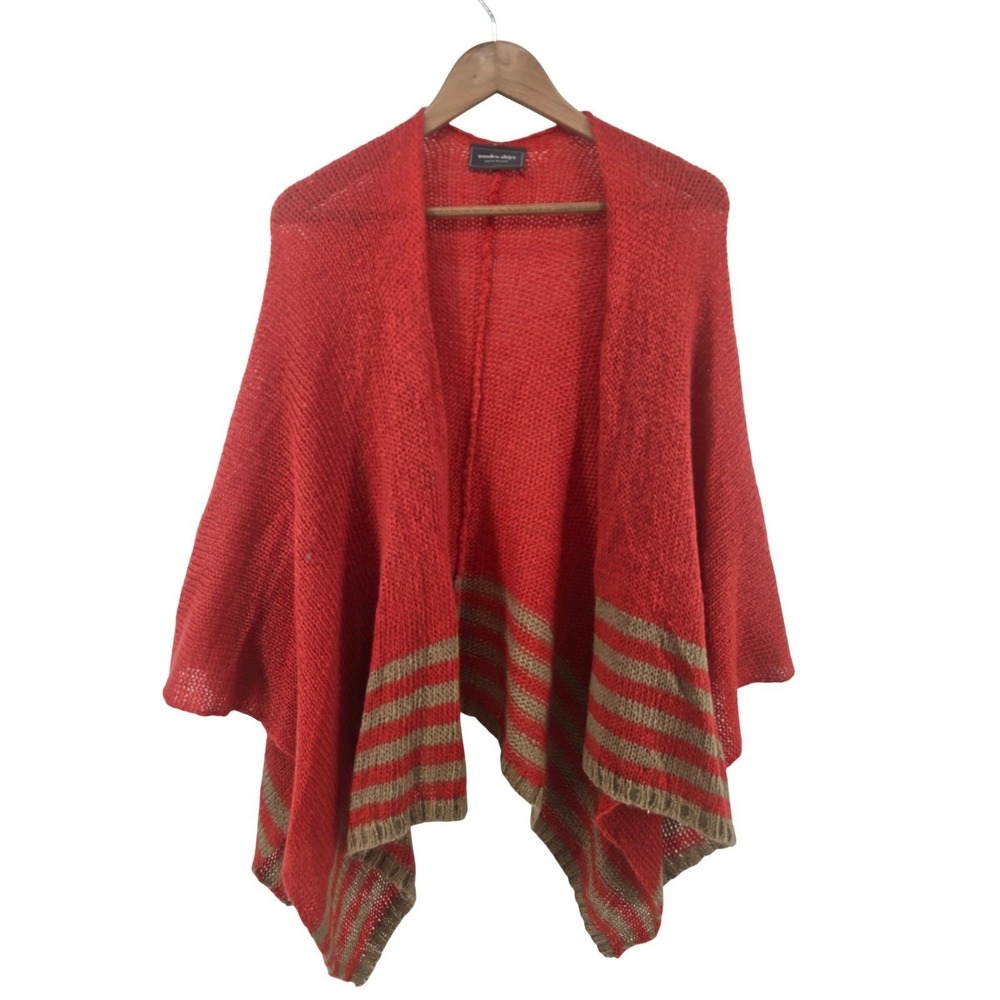 Wooden Ships Cardigan Wrap Womens XS Red Mohair Wool Blend Striped Poncho Cape